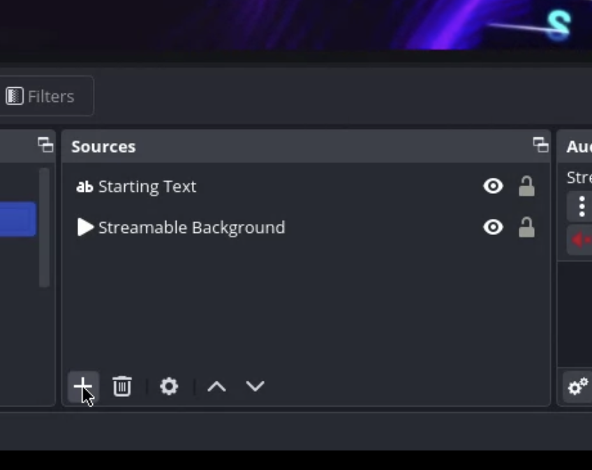 Streamable Remote OBS Sources panel with the add-source plus button highlighted.