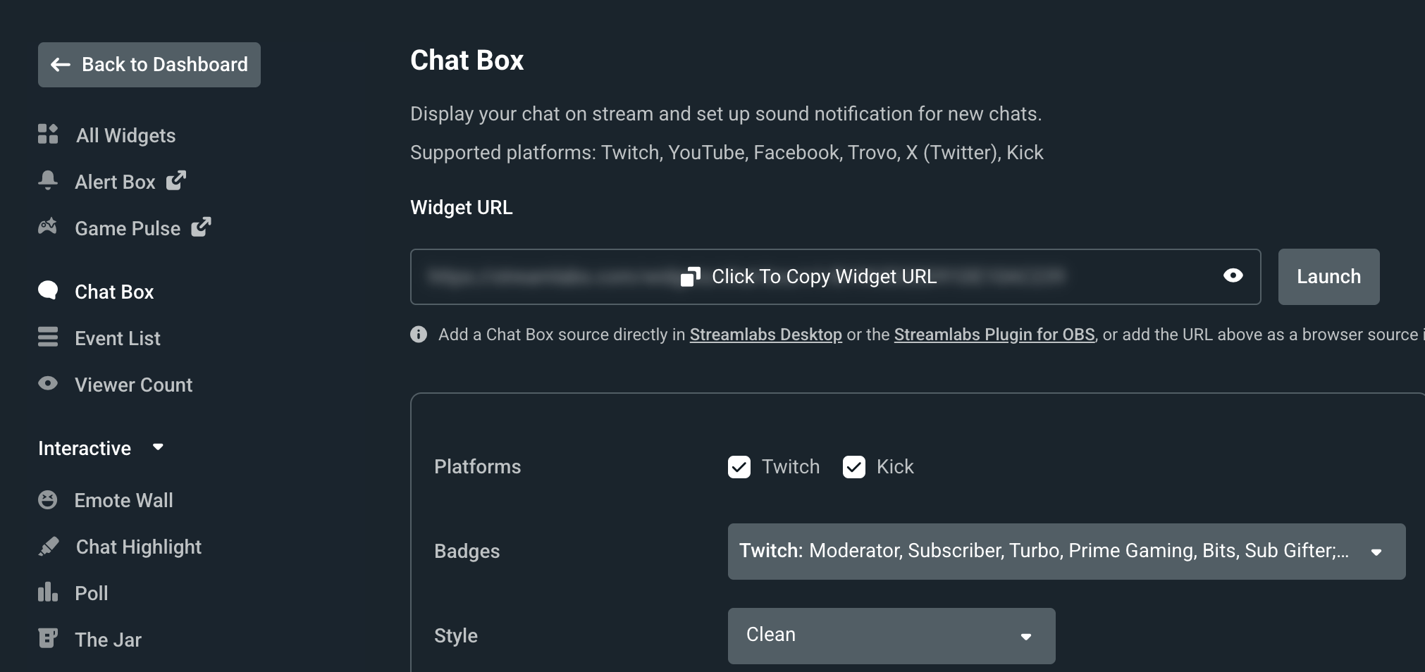 Streamlabs Chat Box settings page showing the widget URL copy field and platform options including Twitch and Kick.