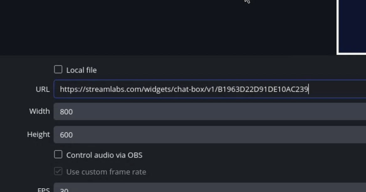 Browser Source settings dialog with a Streamlabs Chat Box widget URL pasted into the URL field.