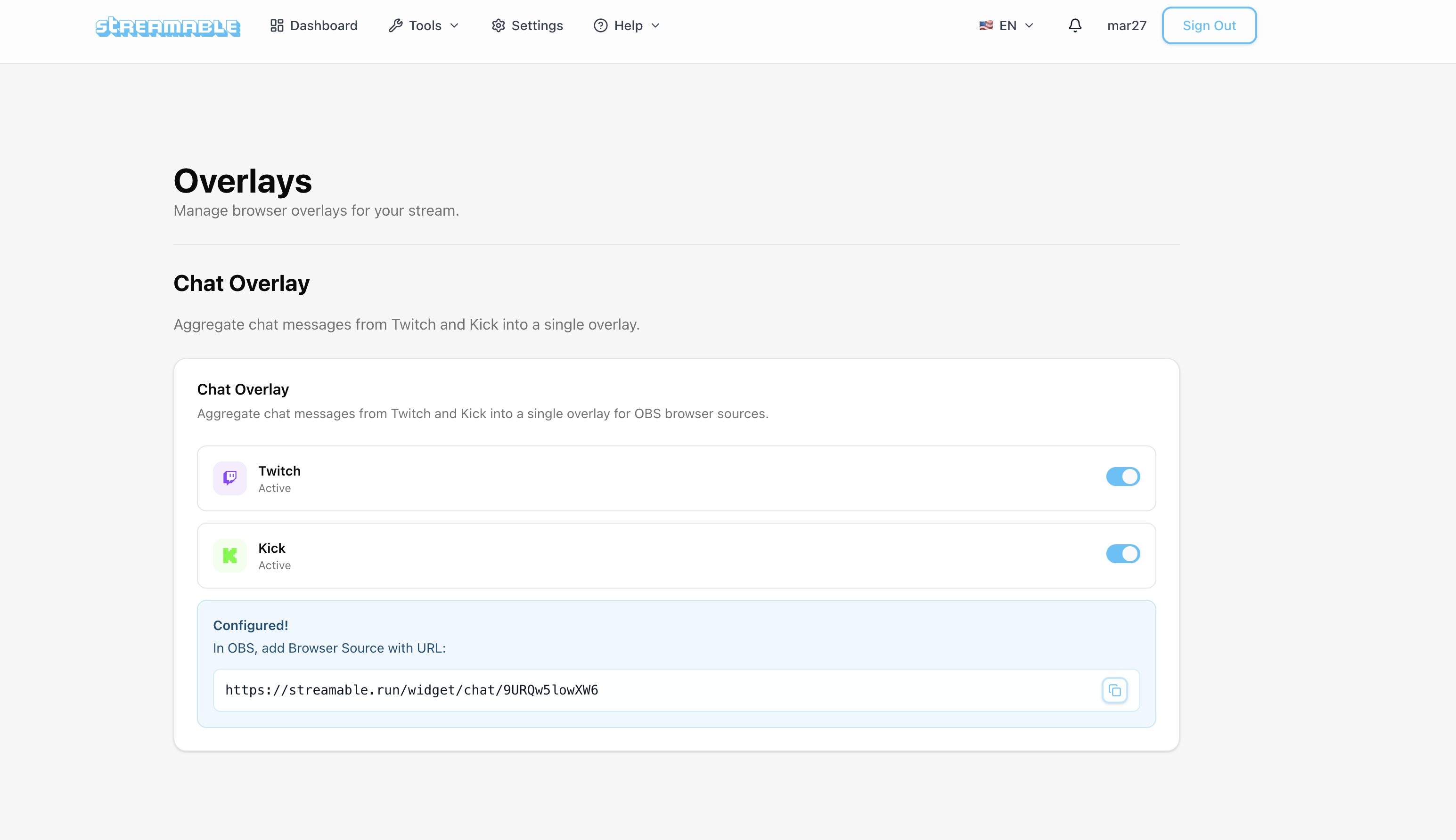 Streamable Overlays screen showing the chat overlay card and browser source URL.