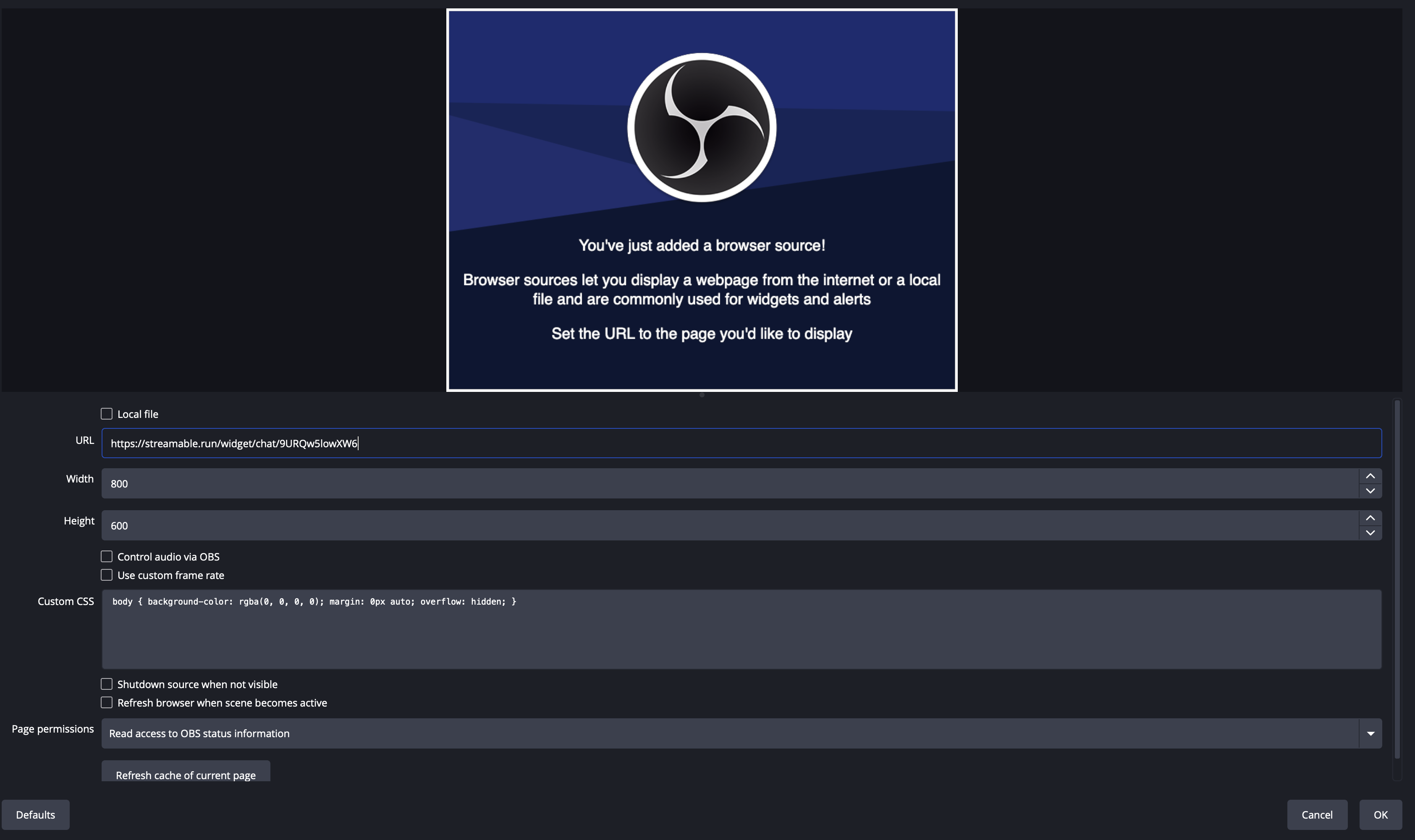 OBS Browser Source settings with the Streamable chat overlay link pasted into the URL field.