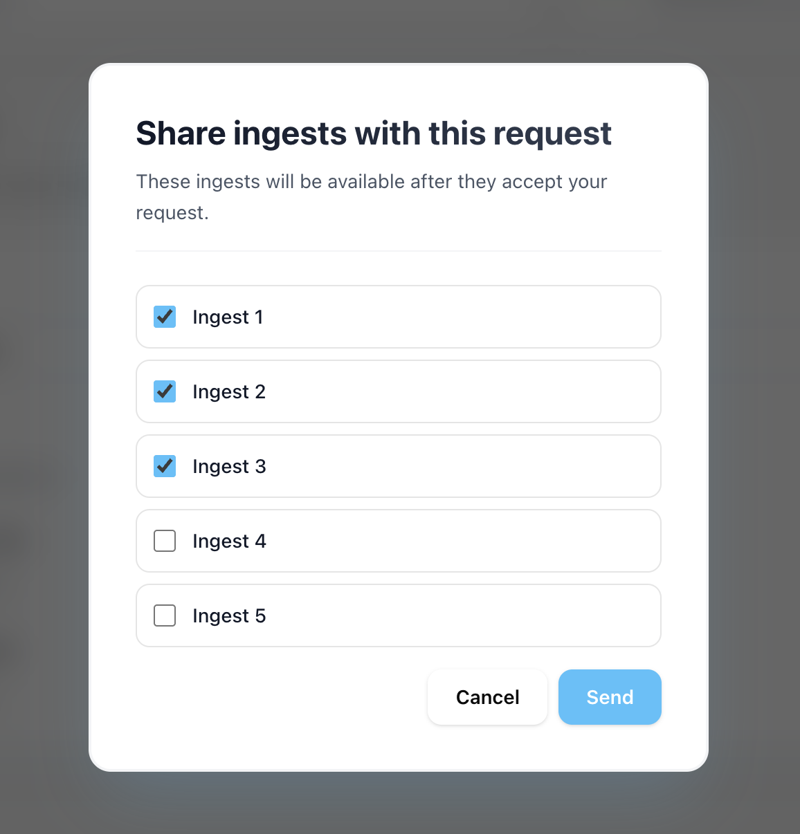 Streamable interface showing ingest sharing options for a friend connection.