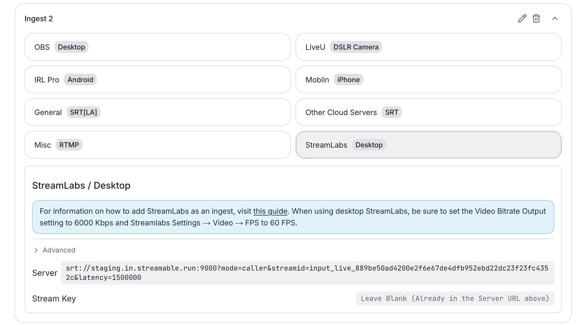 Streamable Ingests page with StreamLabs (Desktop) selected and the full Stream URL shown