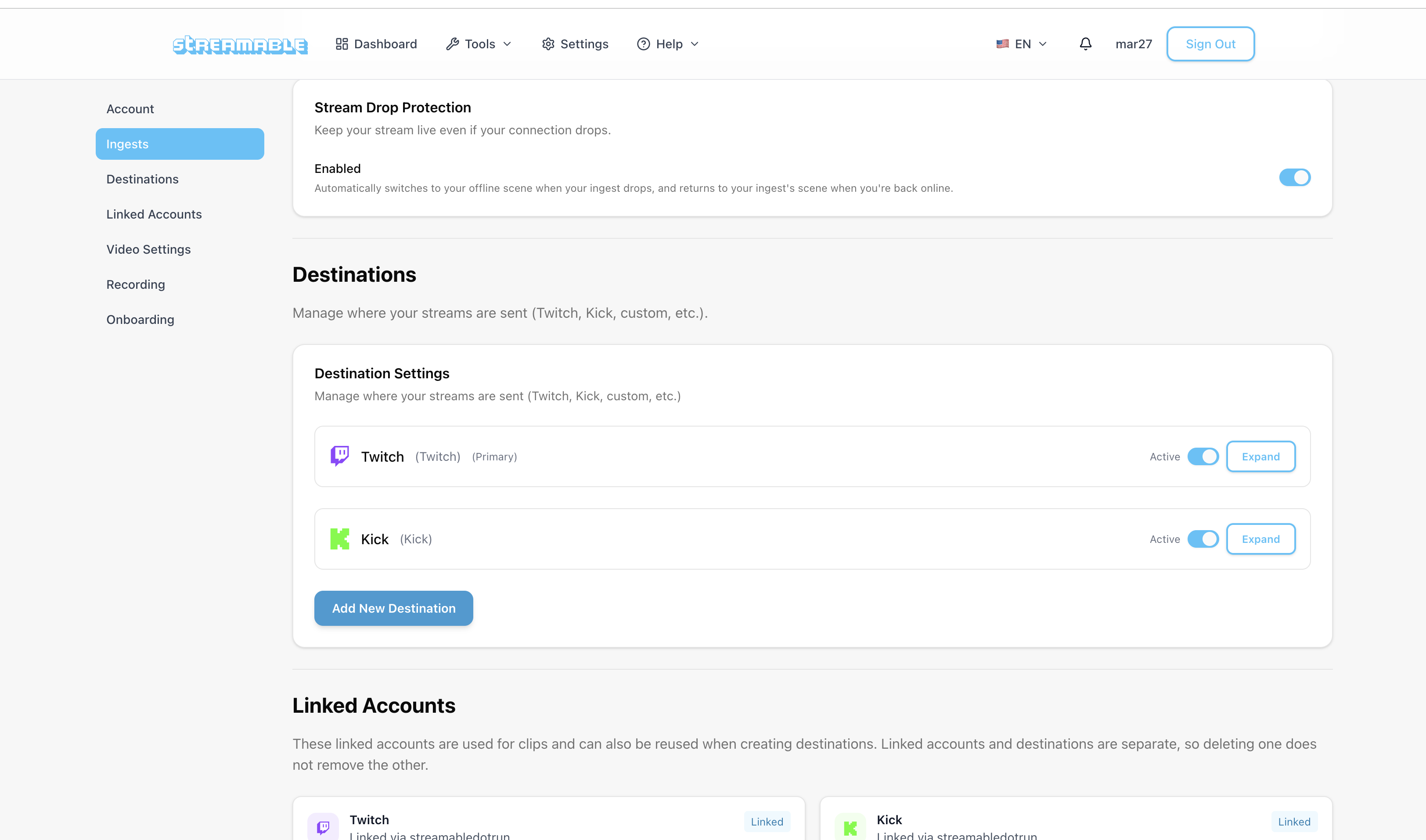 Streamable Destinations settings showing Twitch and Kick as available destination options.