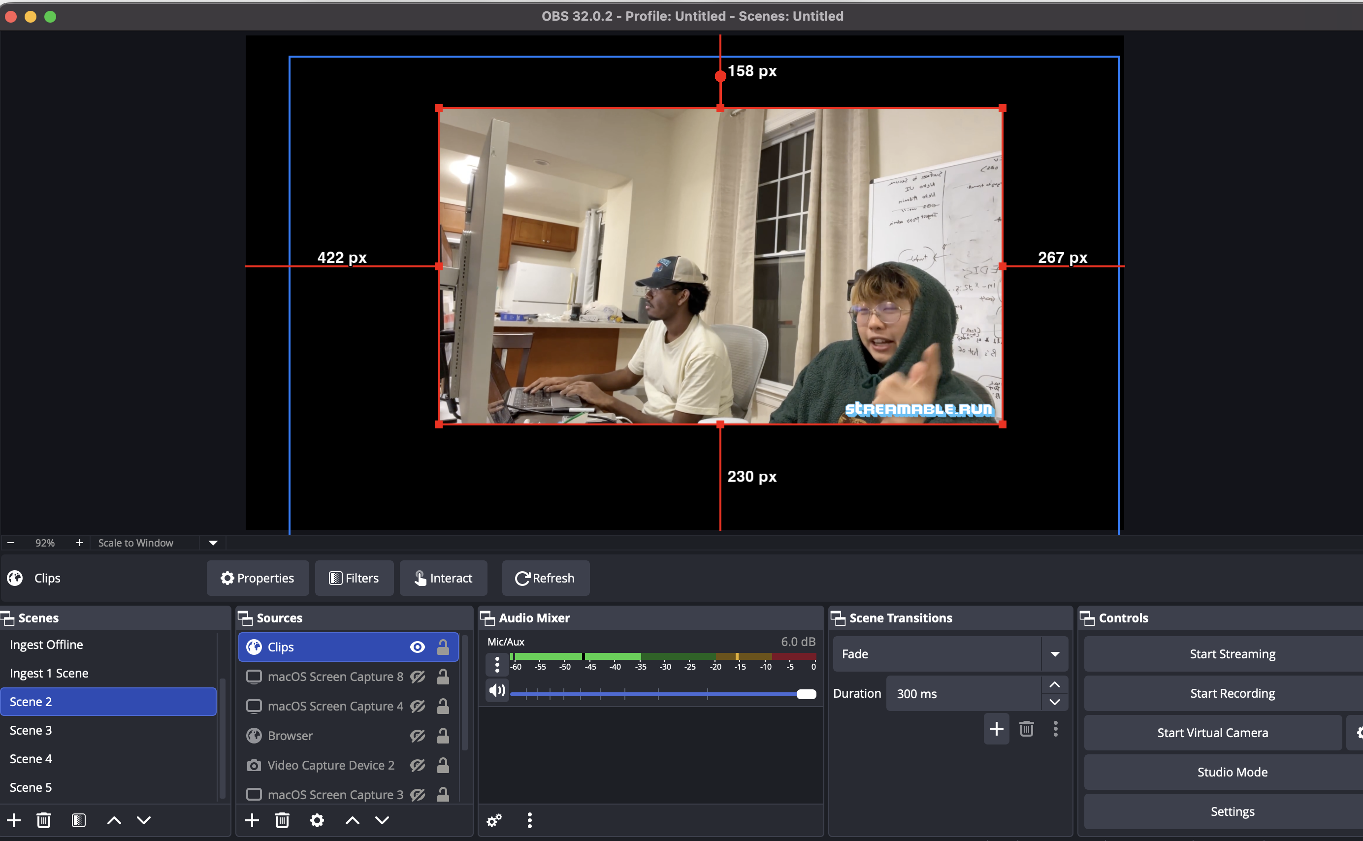 OBS scene showing the clips player source positioned on stream.