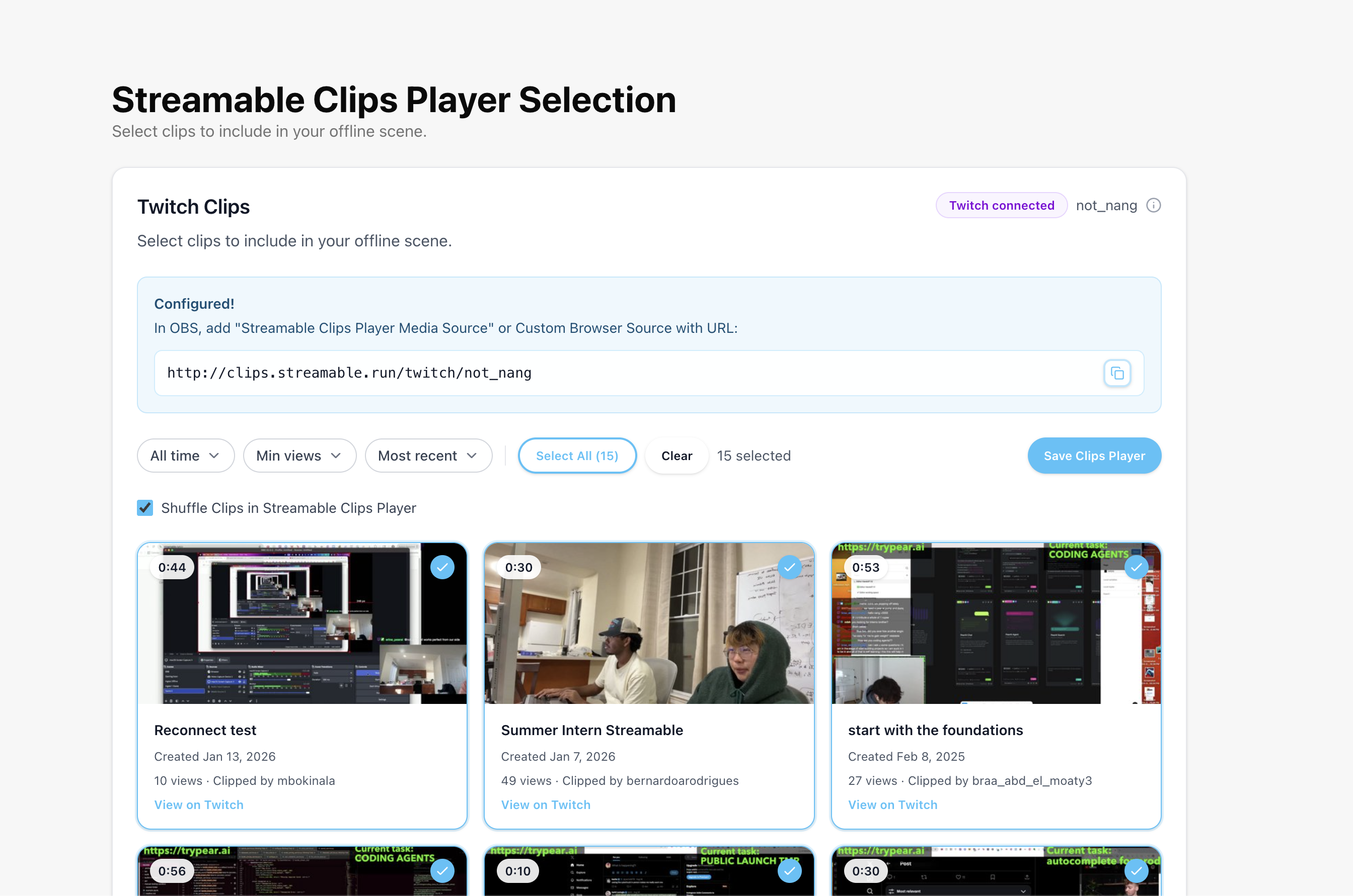Streamable Clips Player page showing the configured overlay URL and selected clips.