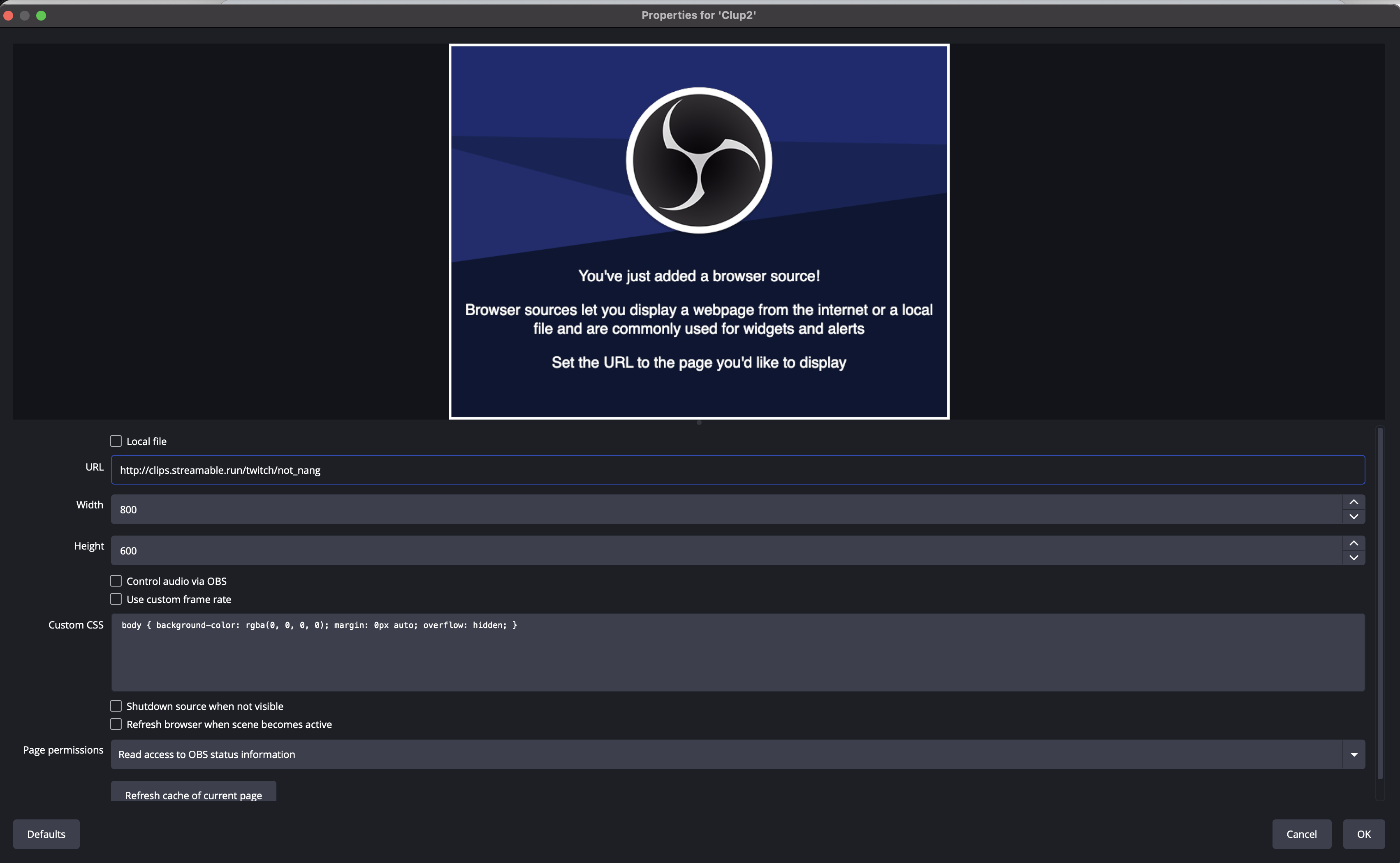 OBS Browser Source properties showing the Streamable clips player URL pasted into the source settings.