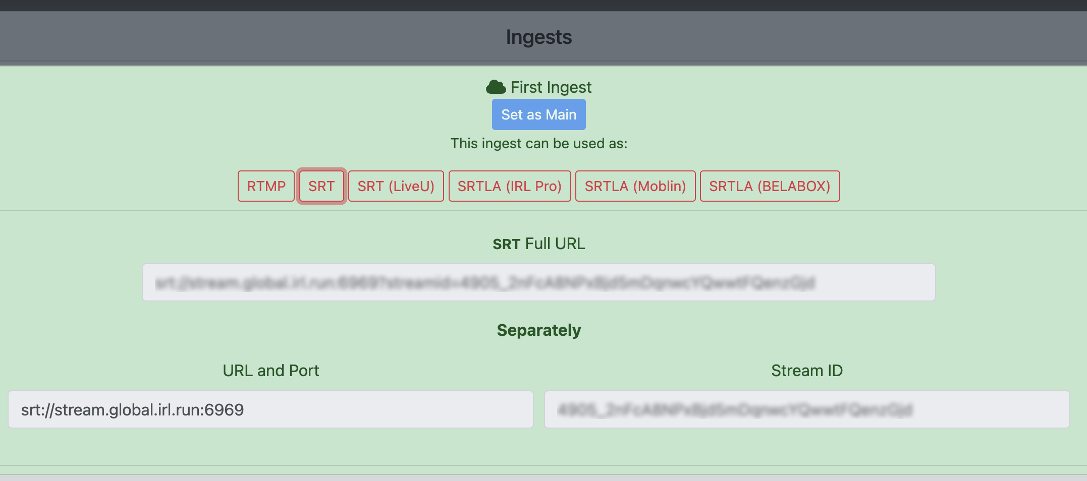 Cloud server ingest details showing the SRT URL and Stream ID