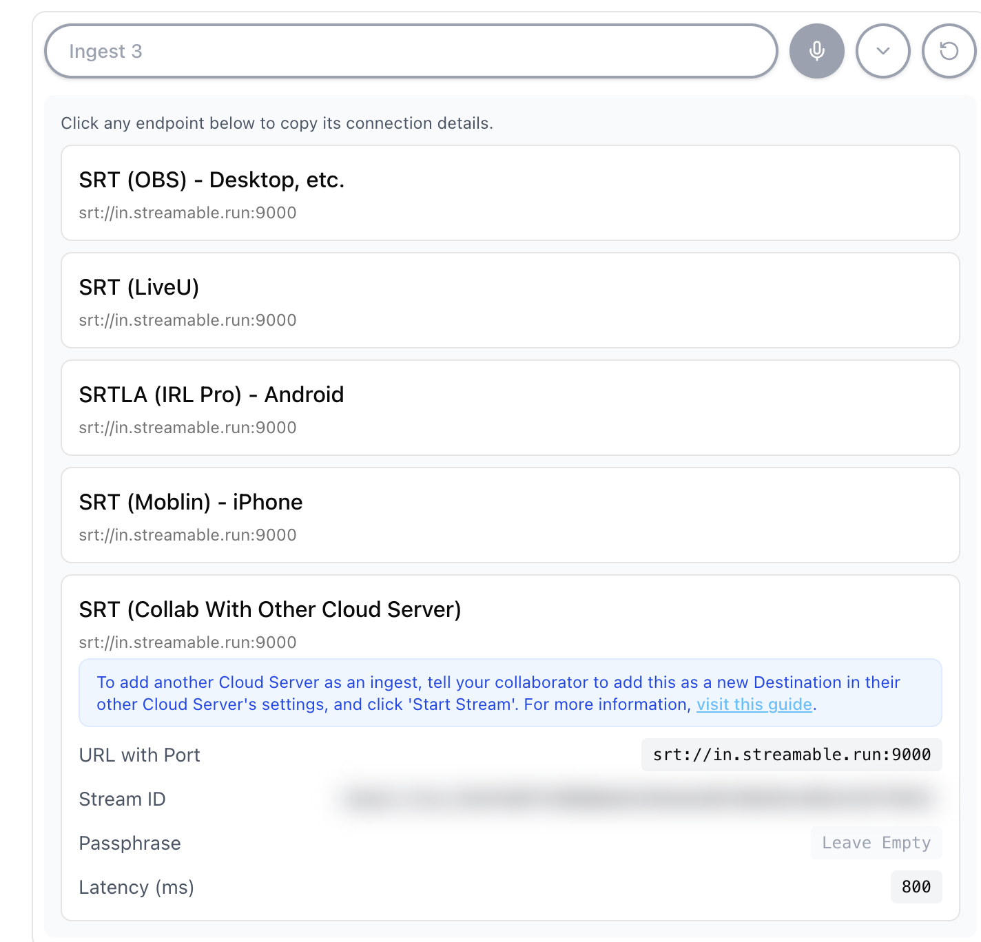 Streamable ingest details for collab with another cloud server