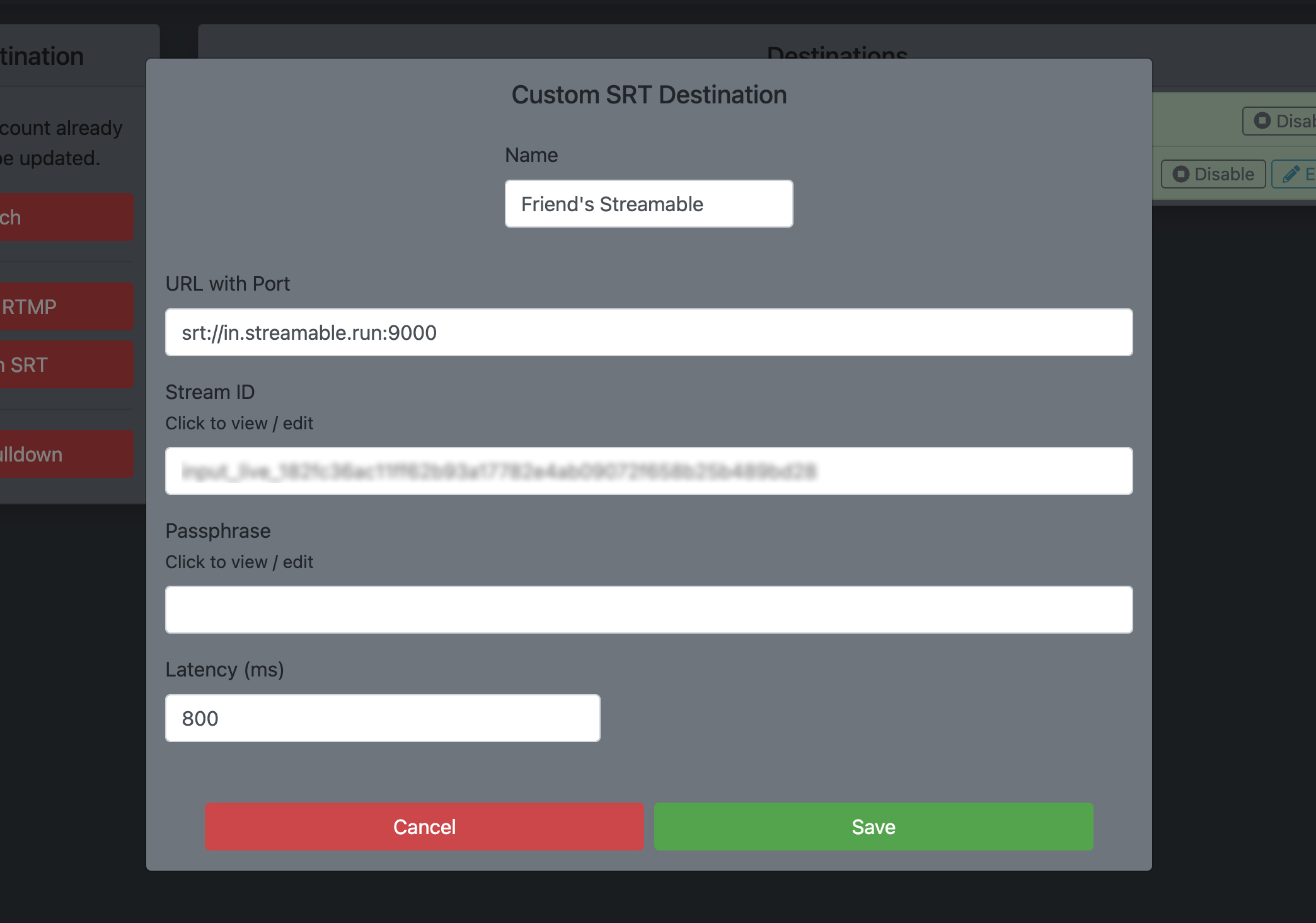 Another cloud server settings screen adding Streamable as a new destination