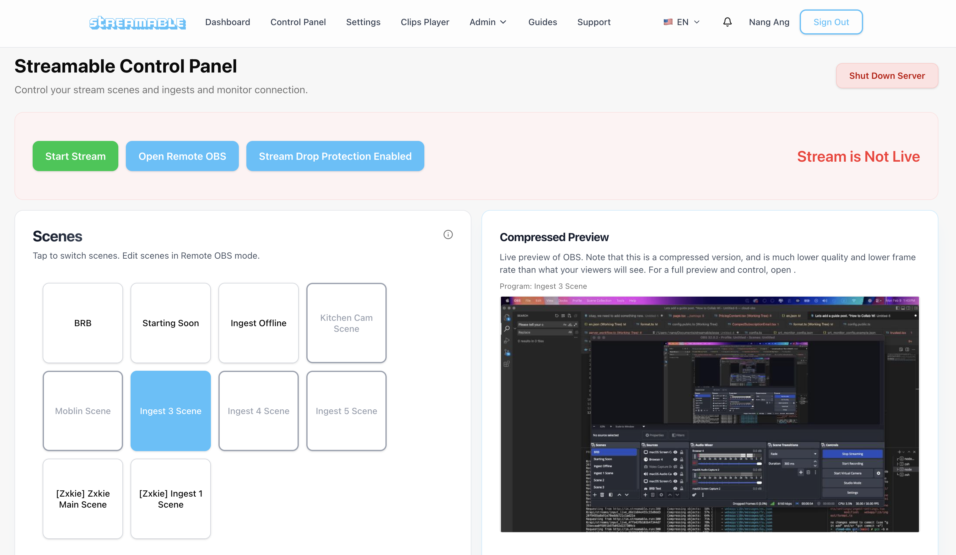 Streamable scene receiving friend video from another cloud server