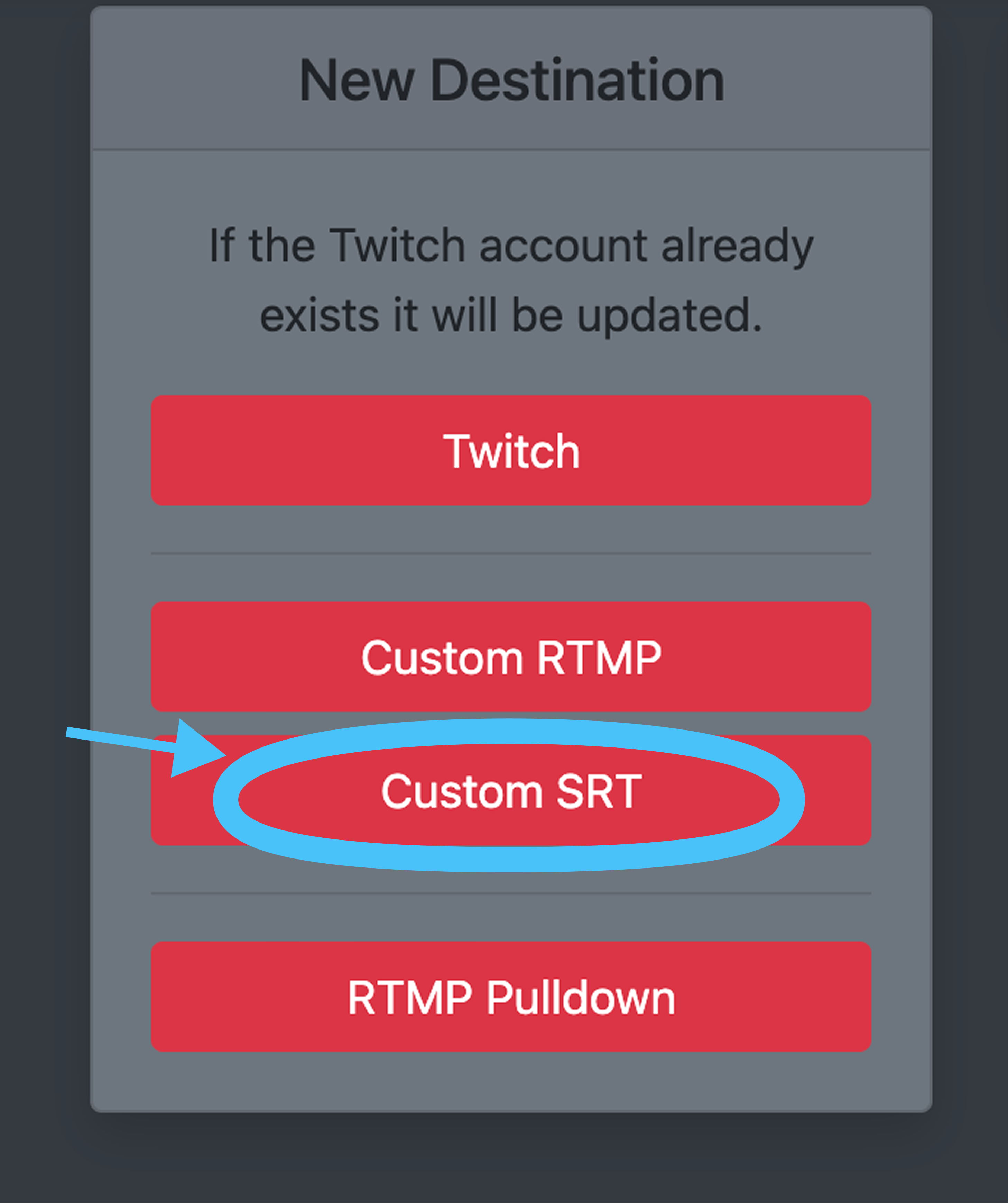 IRLToolkit destination settings showing the SRT destination option
