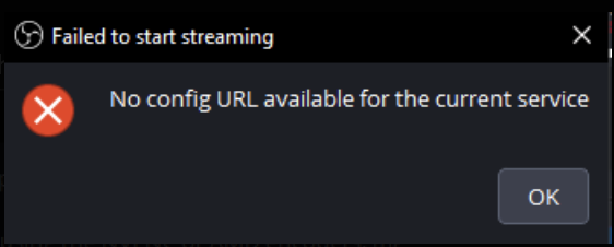 OBS warning showing no config URL available for the current service.
