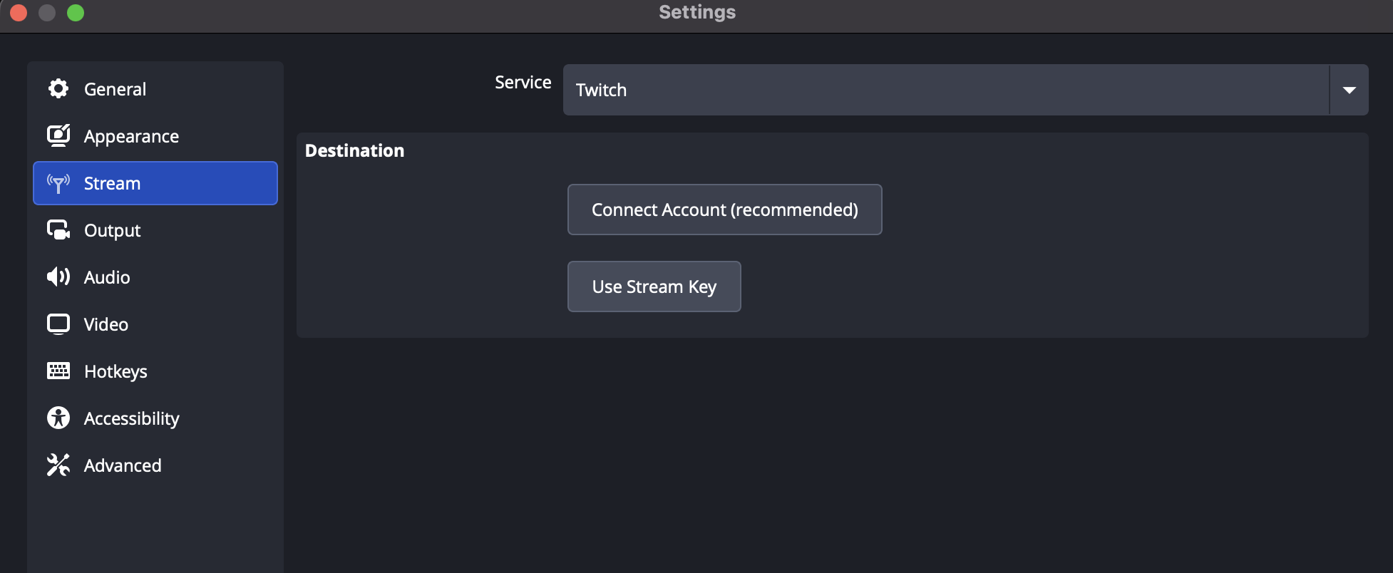 OBS stream settings with Twitch disconnected and Use Stream Key selected.