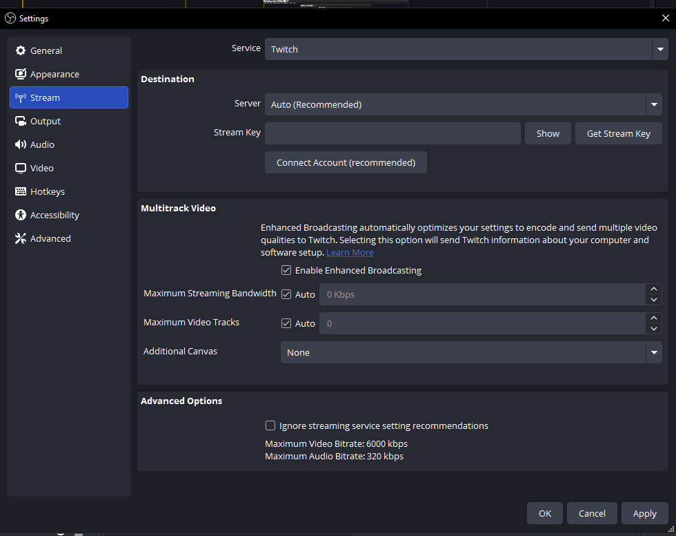 OBS Twitch stream settings with Use Enhanced Broadcasting turned off.