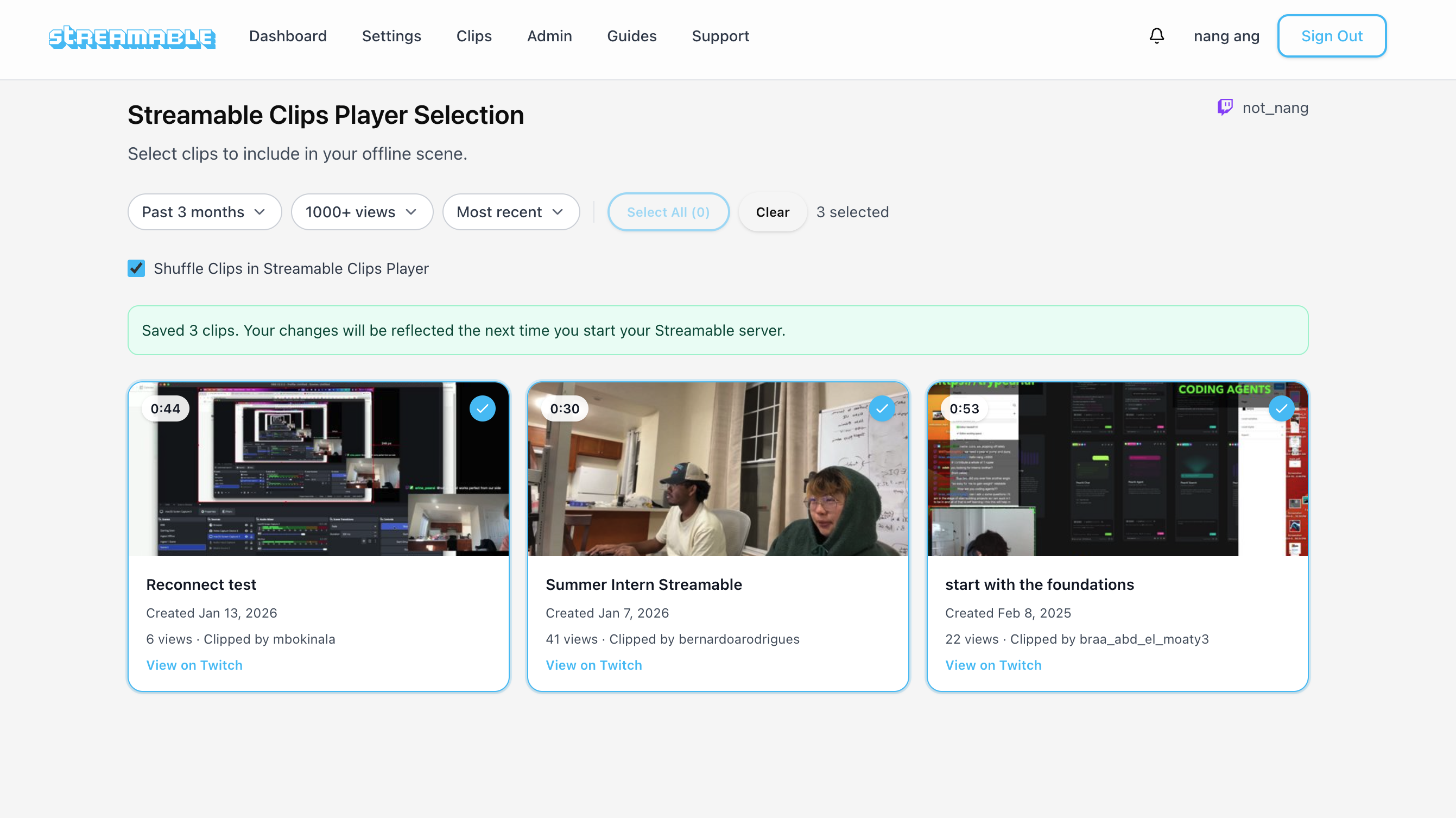 Streamable clips player showing a playlist of clips.