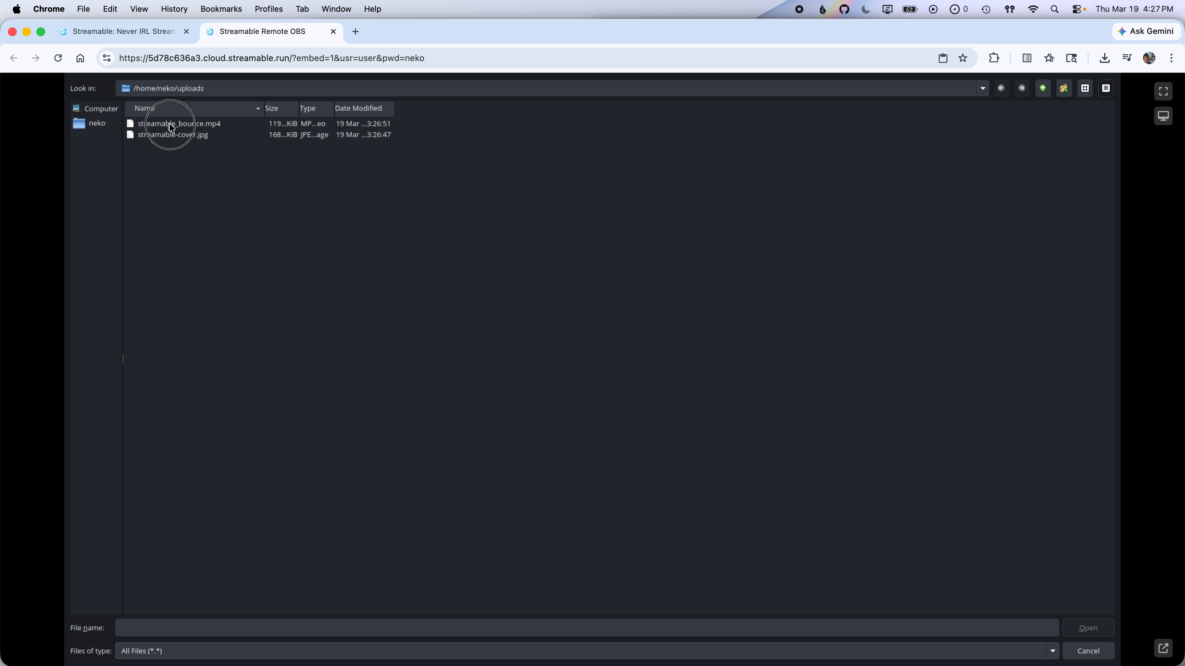 Remote OBS file browser open to the /home/neko/uploads folder showing uploaded image and video files.