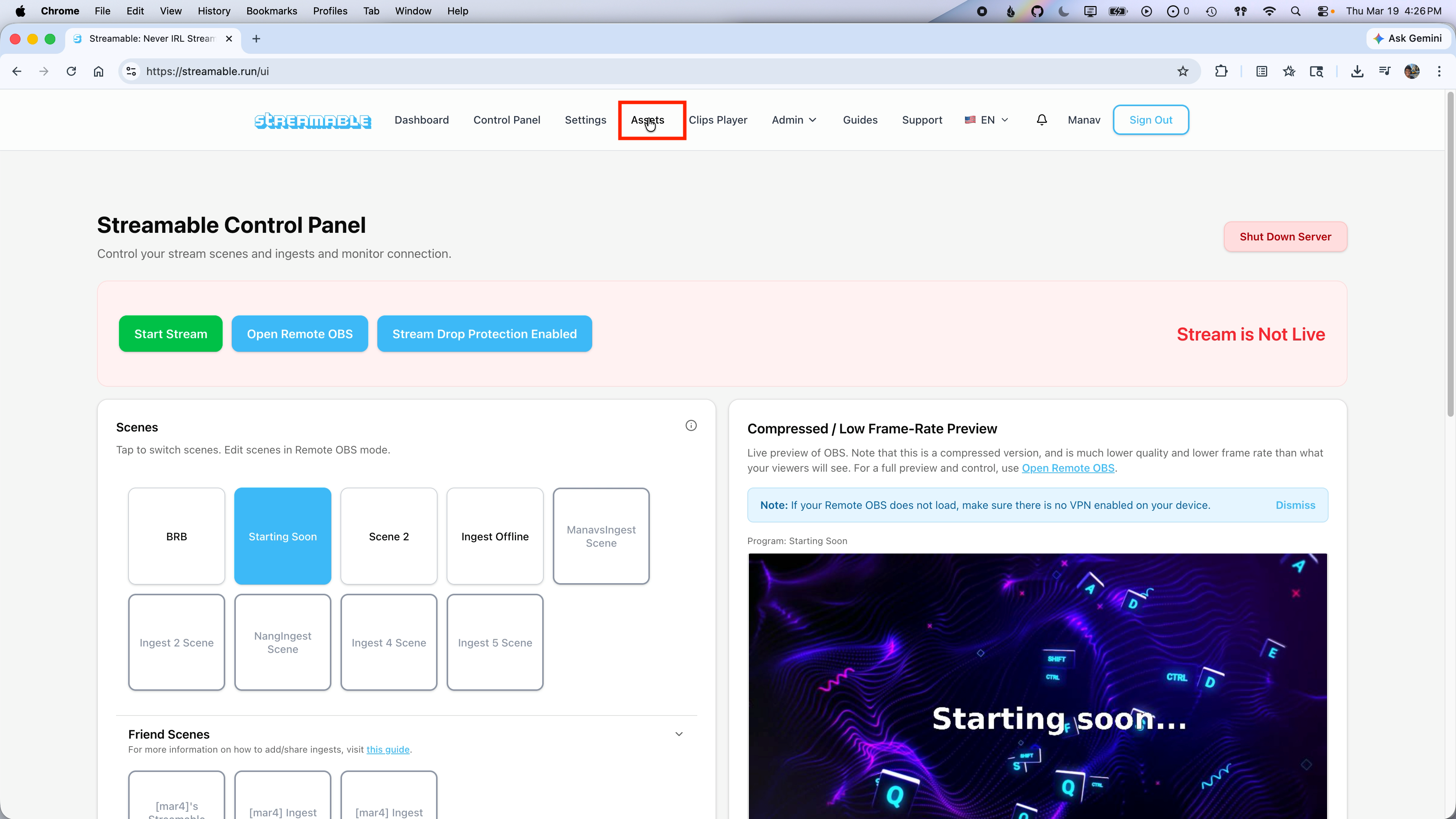 Streamable Control Panel with the Assets tab highlighted in the top navigation bar.