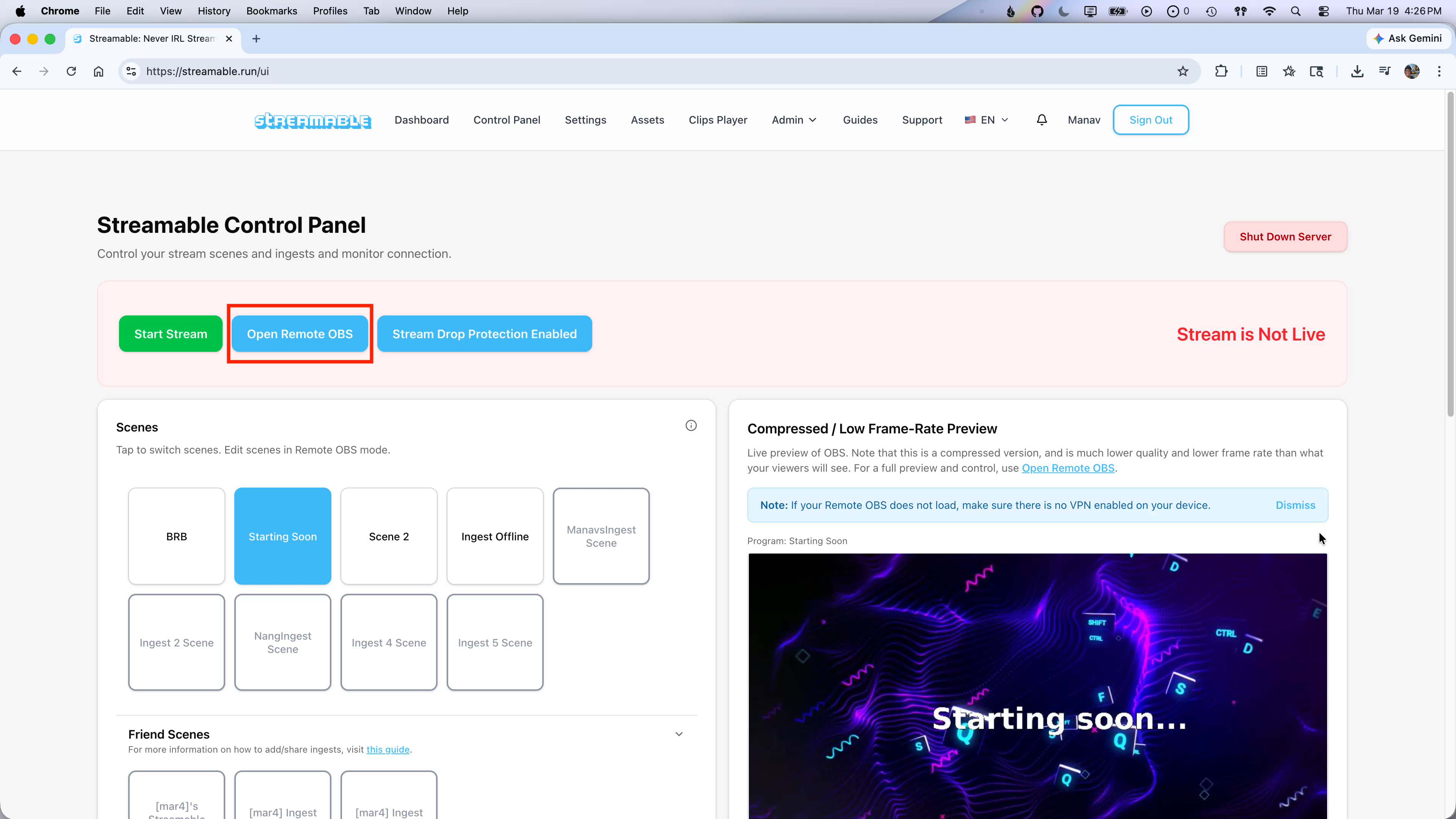 Streamable Control Panel with the Open Remote OBS button highlighted.