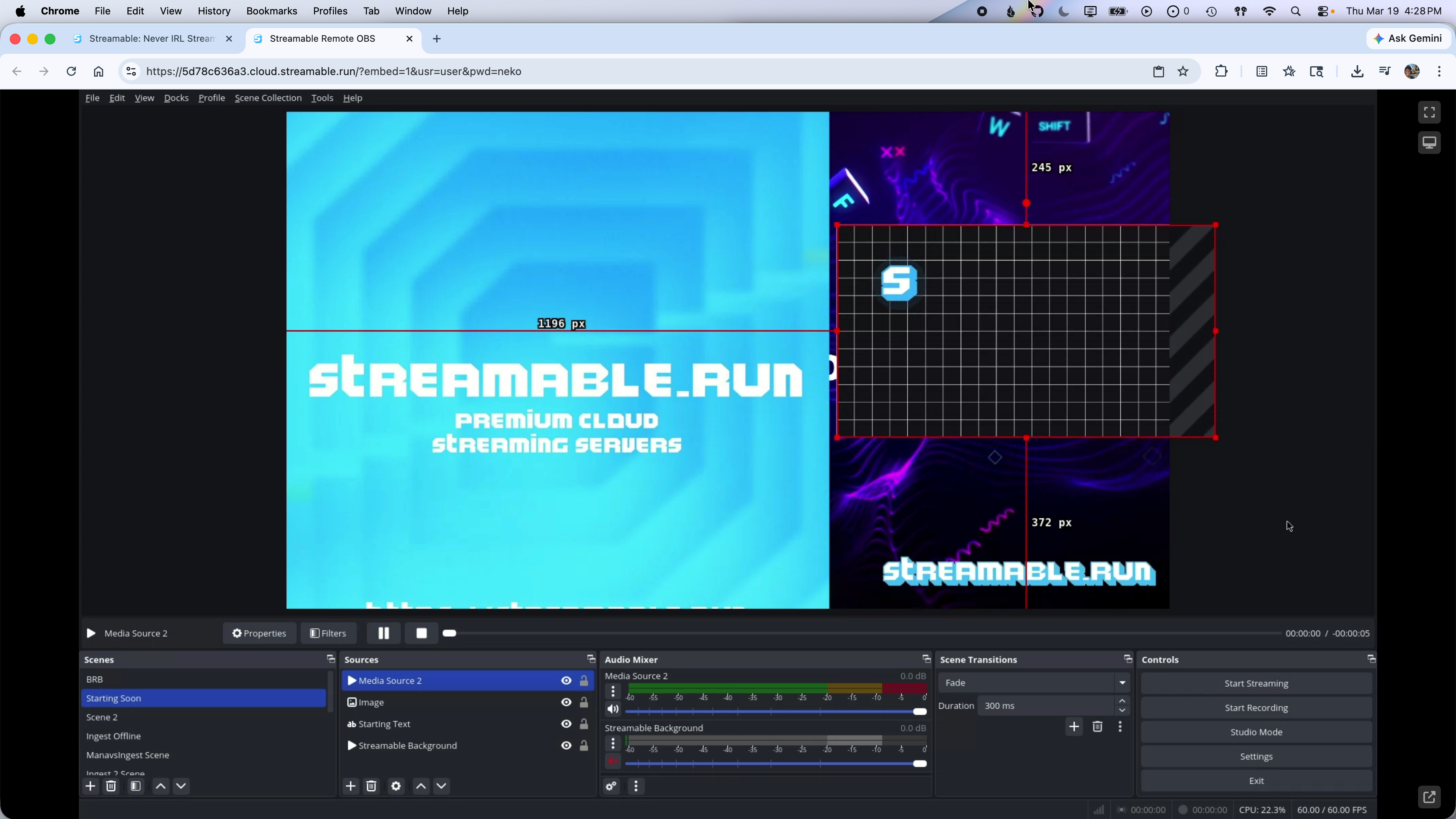 Remote OBS scene with image and video assets being resized and repositioned.