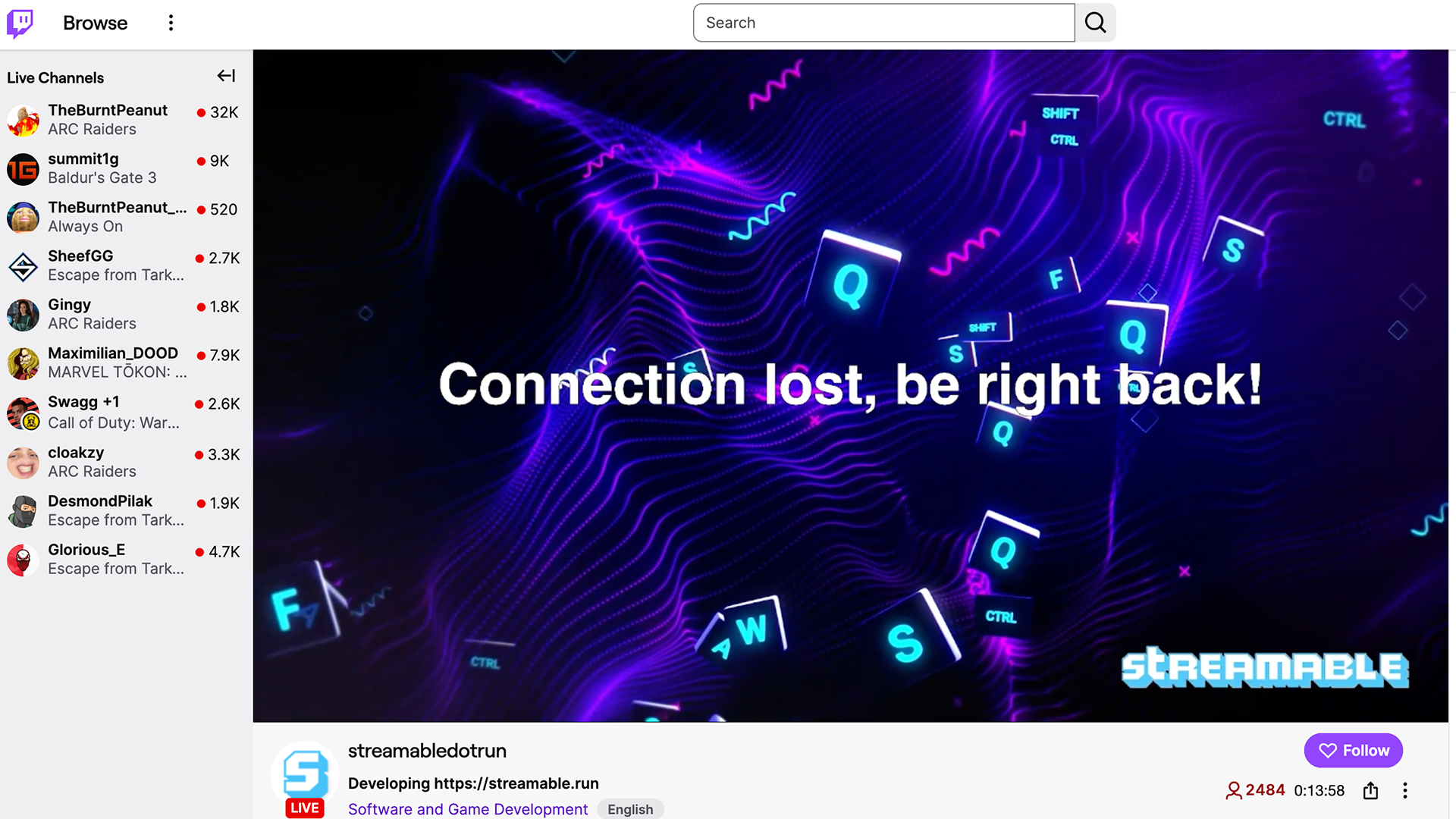 Streamable BRB screen displayed during drop protection