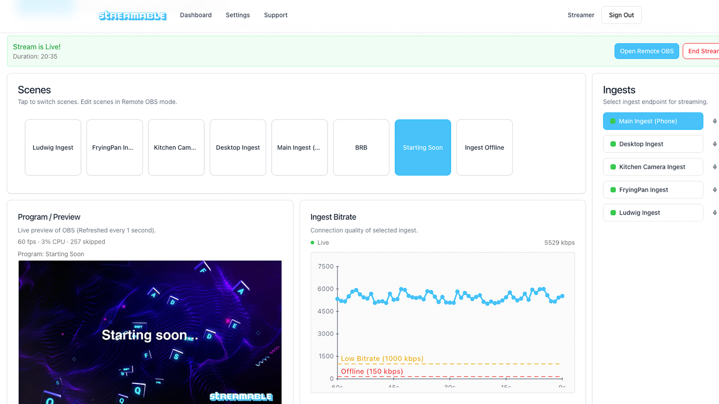 Streamable cloud streaming server dashboard